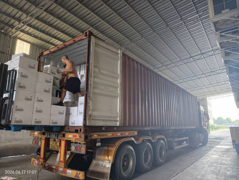 Worker manually stacking final cartons in CIMC container — Kosda June 17 2026 17:07